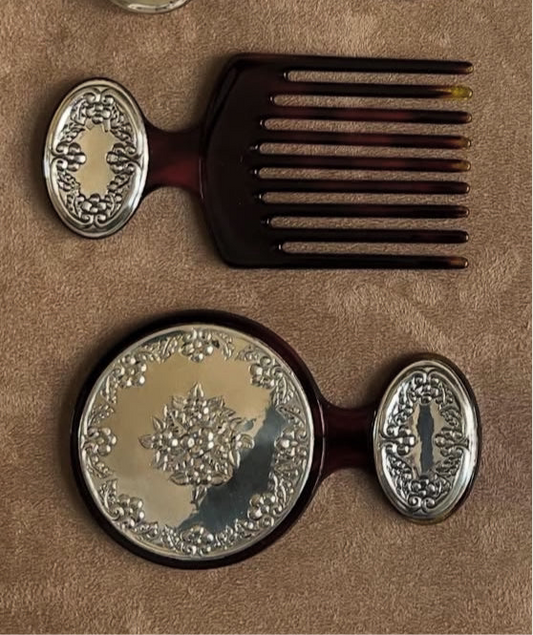 Vintage Faux Tortoise Comb and Mirror Set with Silver Details