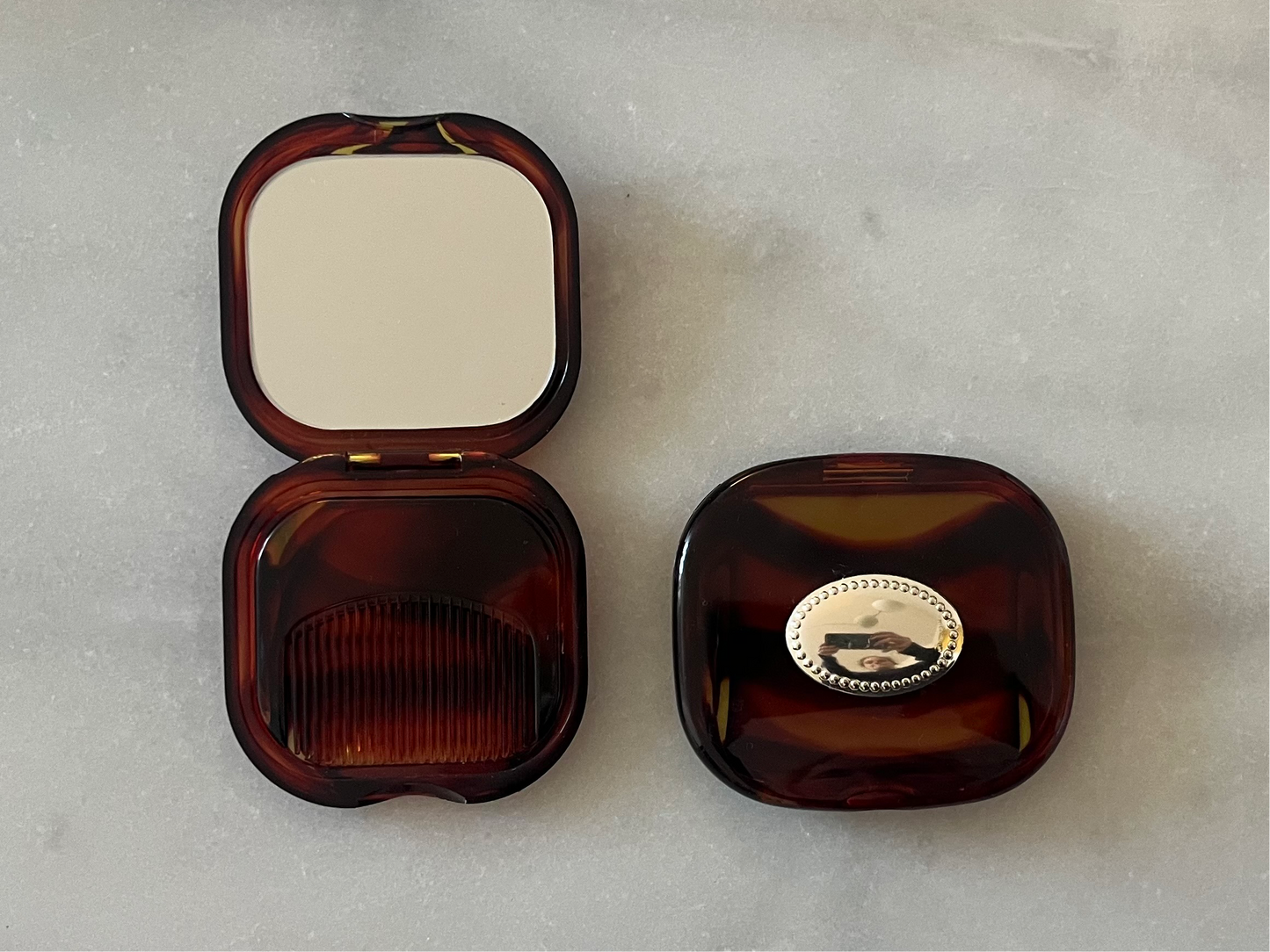 Retro Faux Tortoise Pocket Mirror with Silver Plated Detail