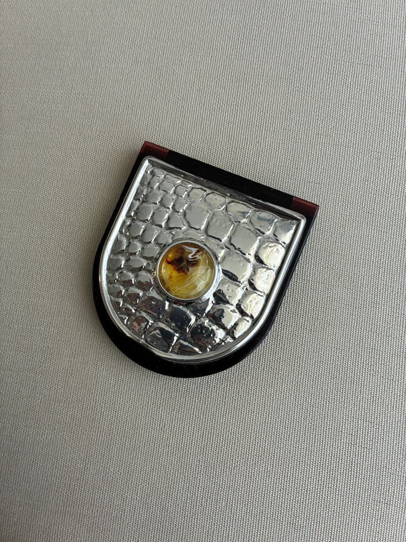 Silver Plated Purse Mirror with Amber Detail