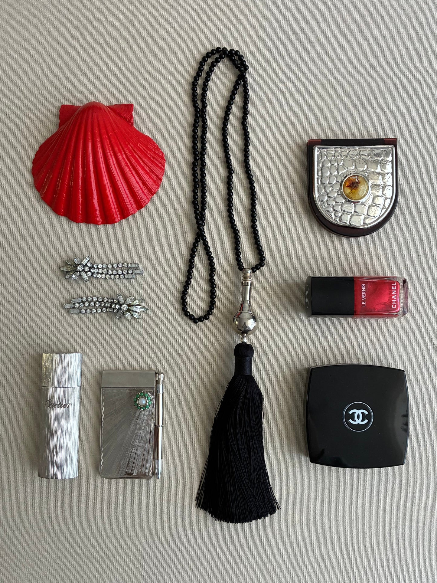Hand-Strung Onyx Necklace with Vintage Silver Perfume Pendant