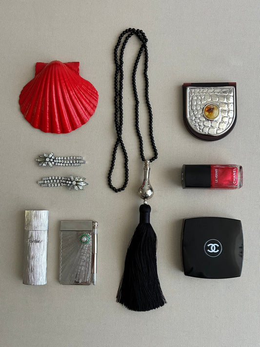 Hand-Strung Onyx Necklace with Vintage Silver Perfume Pendant