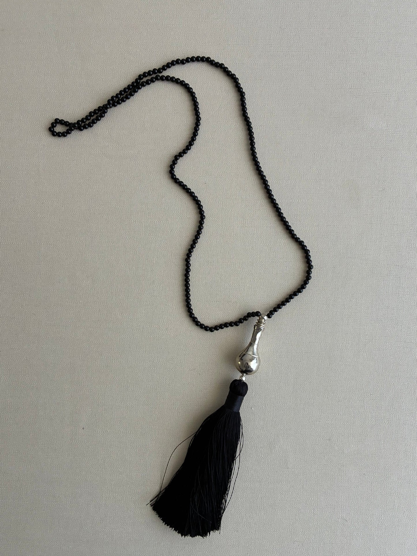 Hand-Strung Onyx Necklace with Vintage Silver Perfume Pendant